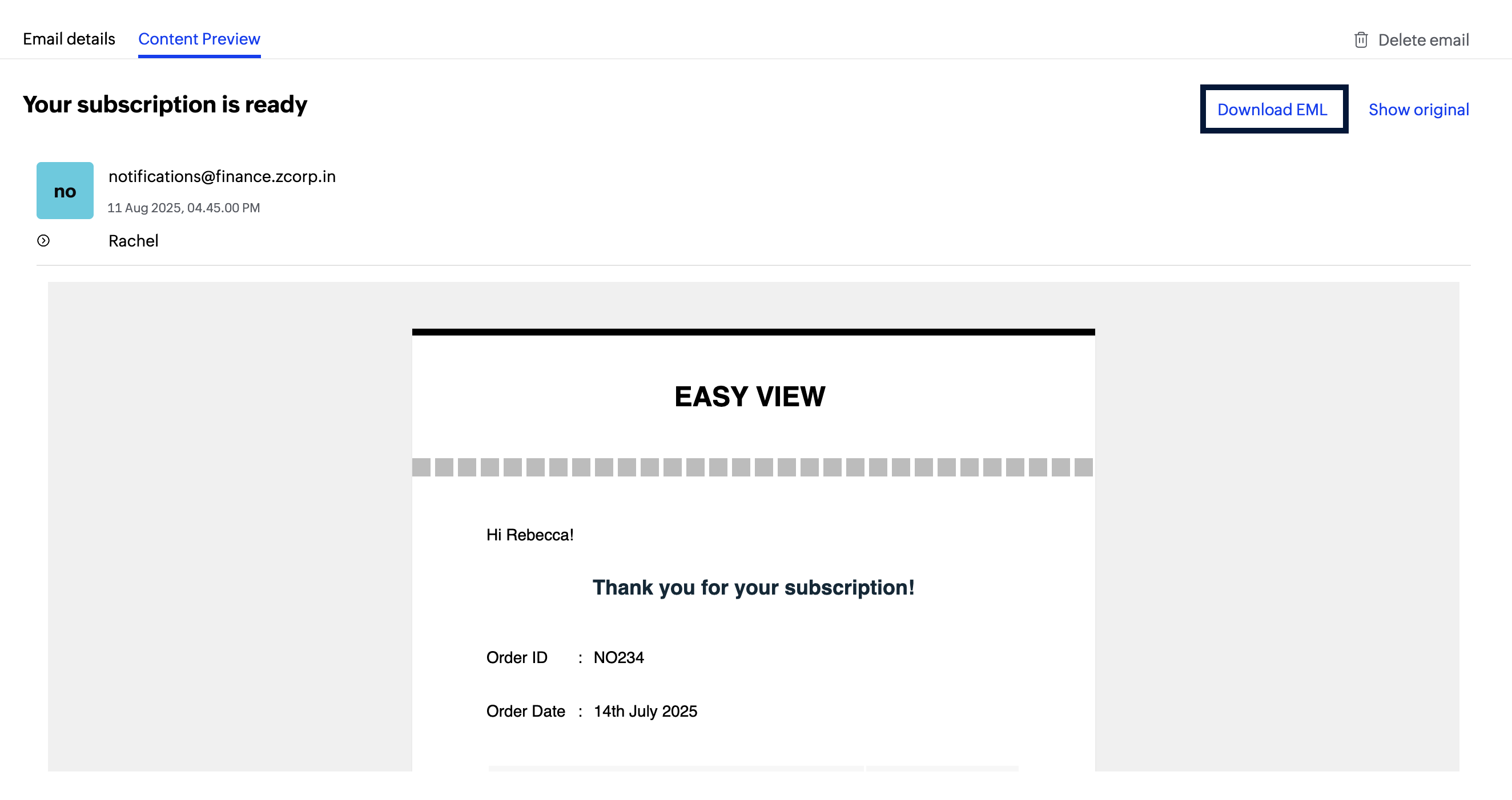 Locates the download EML button