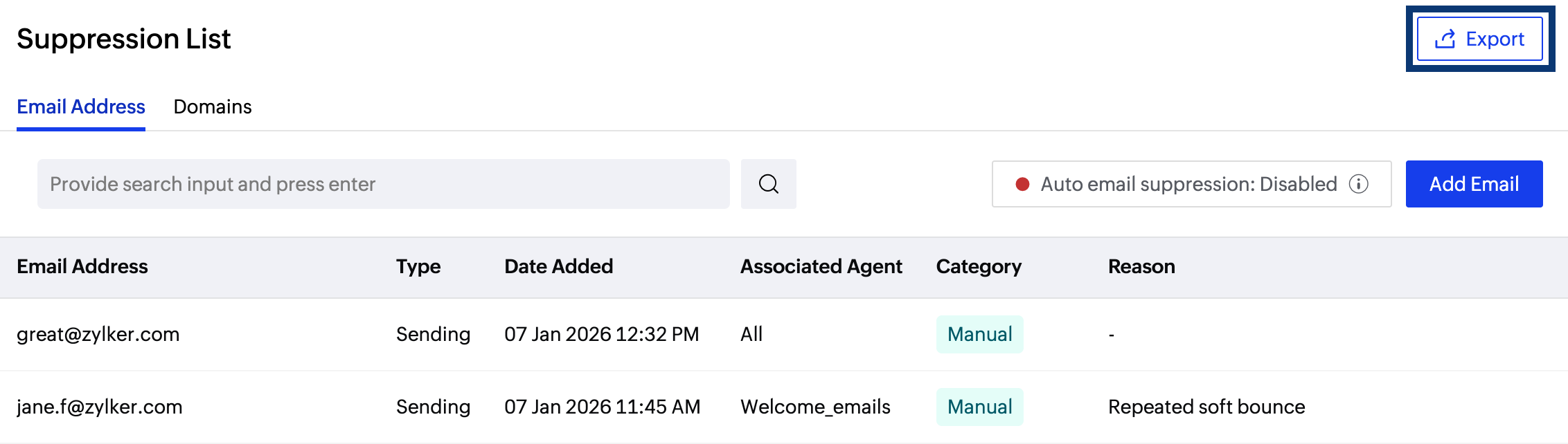 Export suppression list