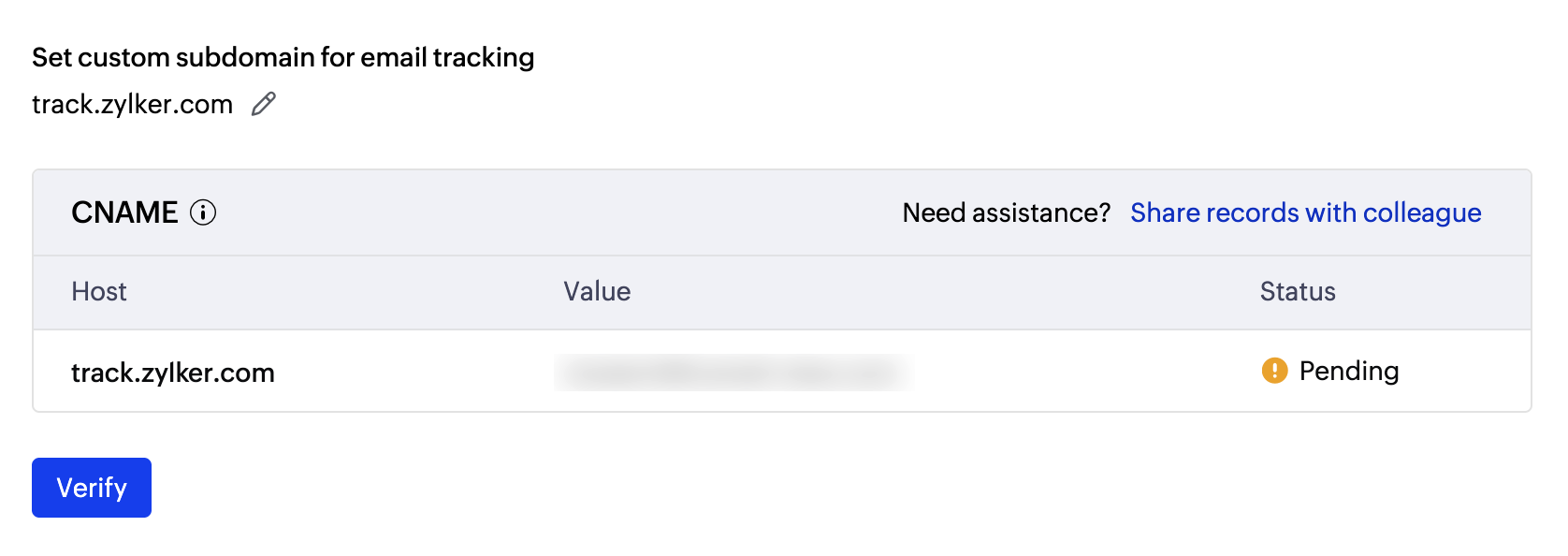 Verify track subdomain