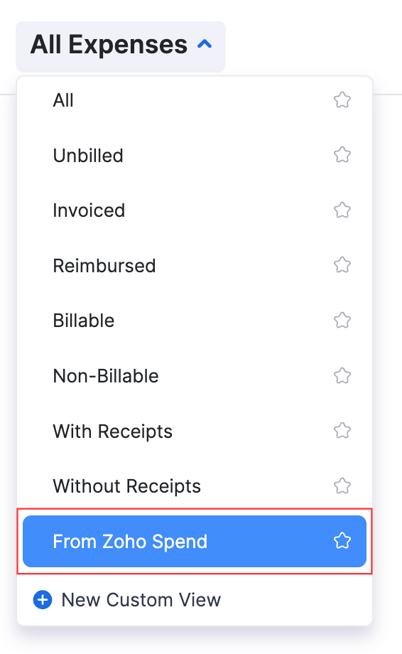 The filters dropdown in the top left corner of the Expenses module. Click From Zoho Spend from the dropdown to view the list of approved expenses from Zoho Spend.