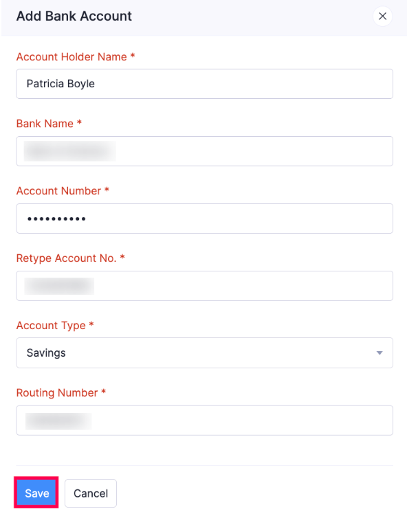 Add Bank Account of Employee