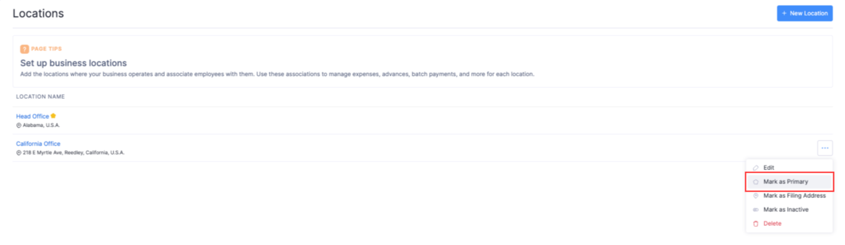 The Locations page. Hover over the required location, click the More icon, and select Mark as Primary to make it the primary location.