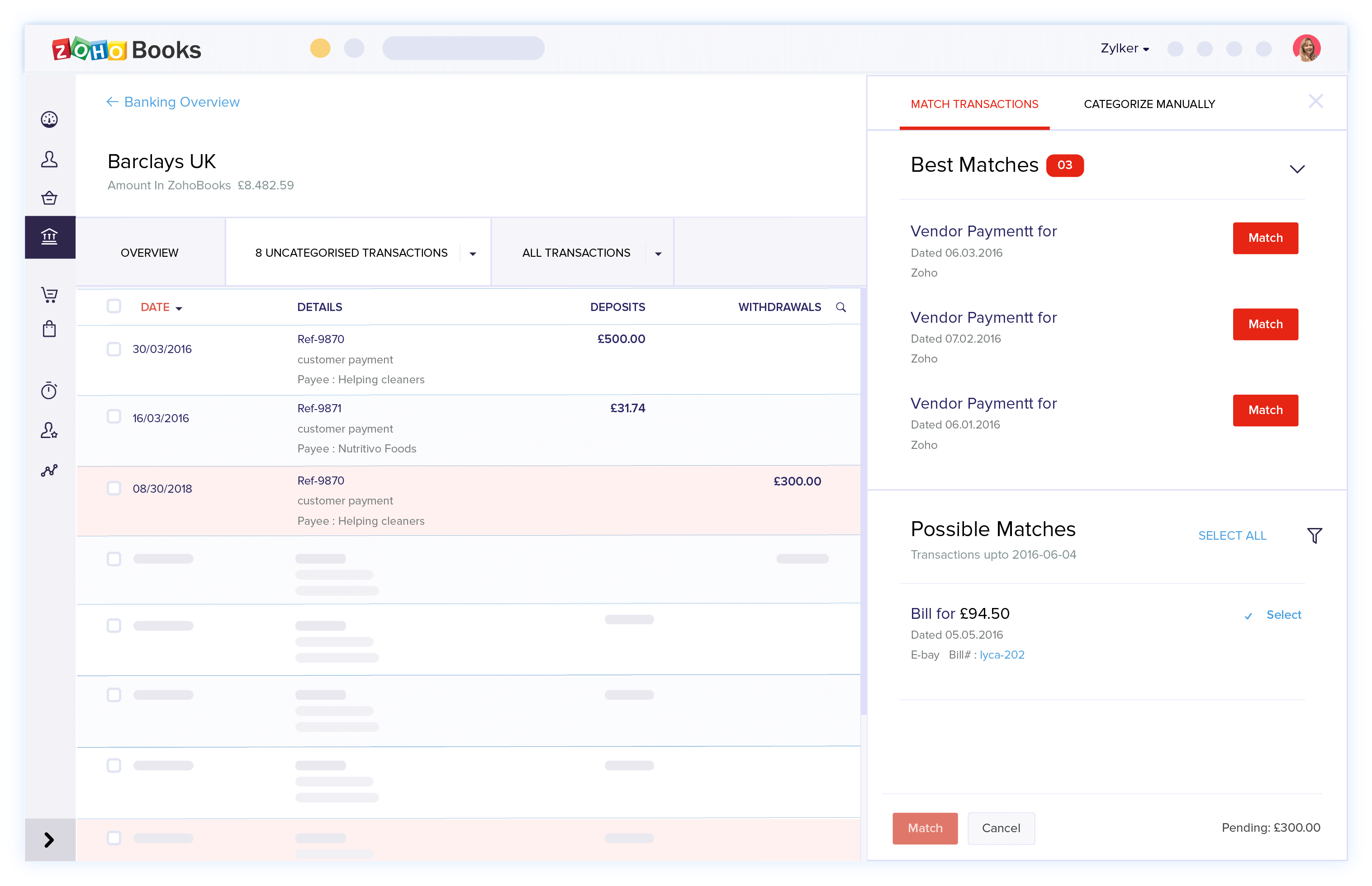 Bank Transaction Matching - Account Reconciliation Software | Zoho Books