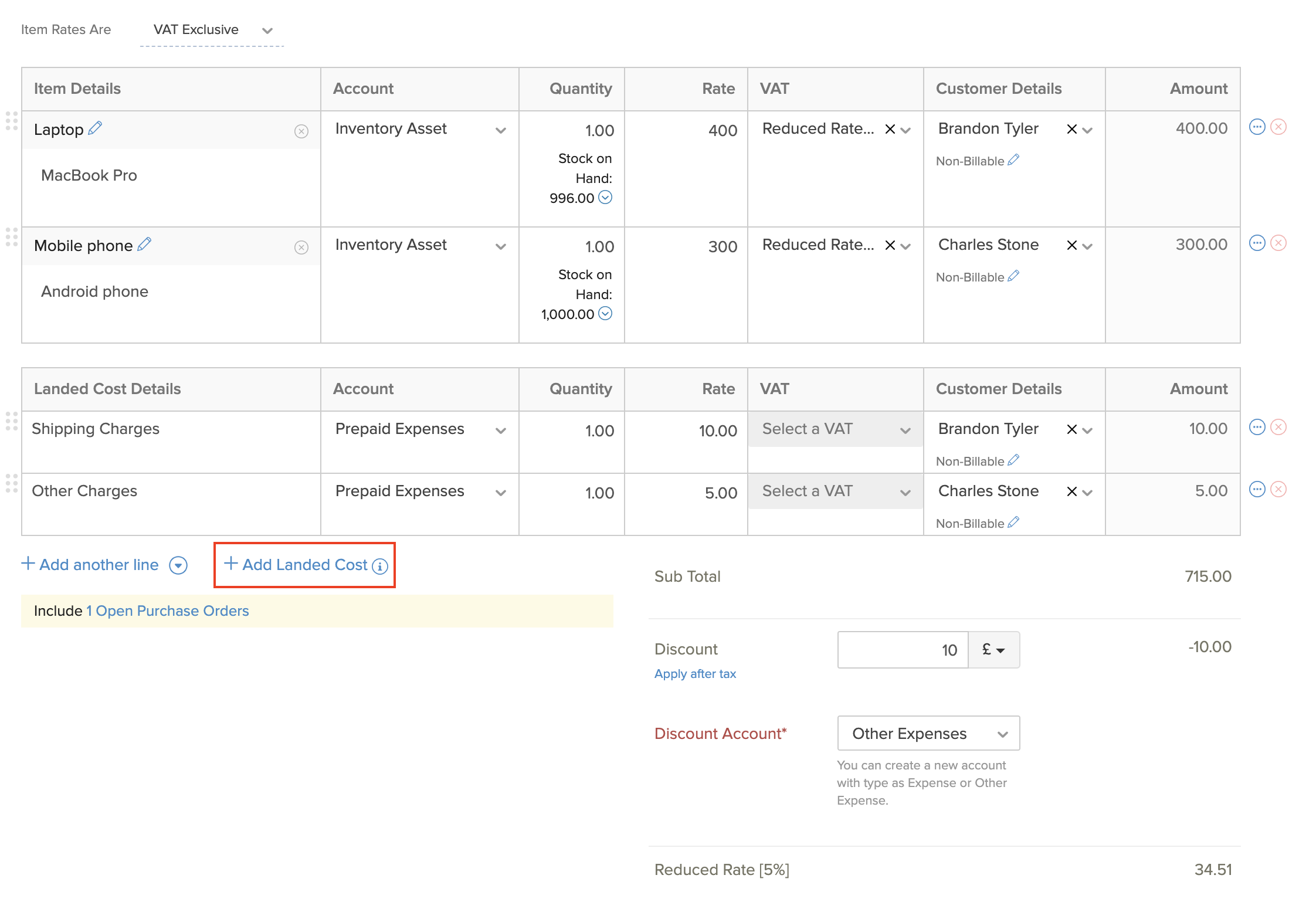 Landed Costs in Bills