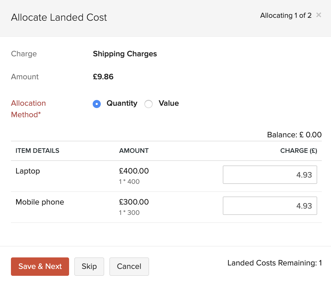 Landed Costs in Bills