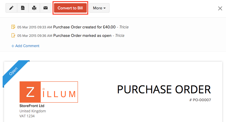 Convert purchase order to a bill