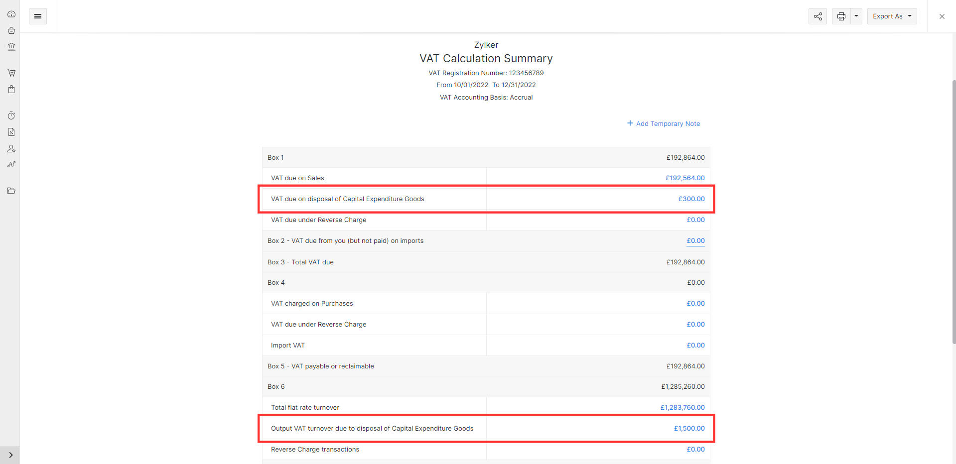 Box 1 and Box 6 calculation for Capital Expenditure Goods in VAT Calculation Summary Report