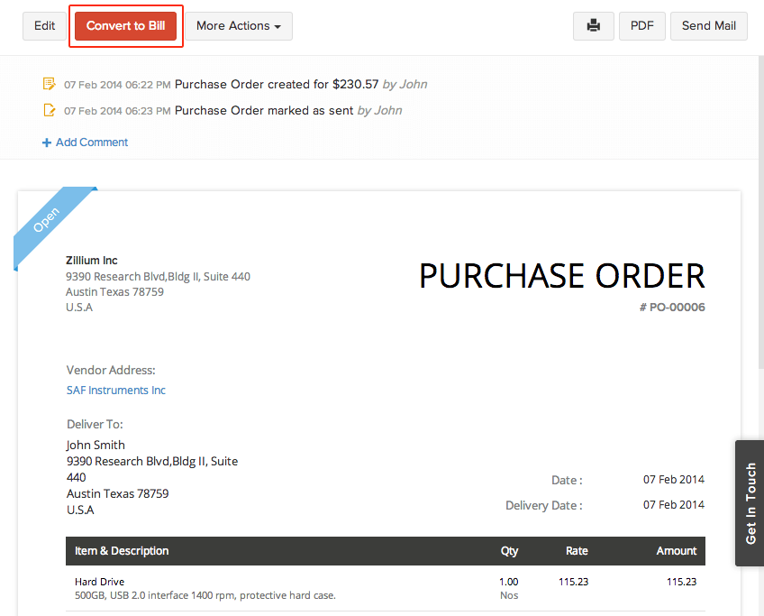 Convert purchase order to a bill