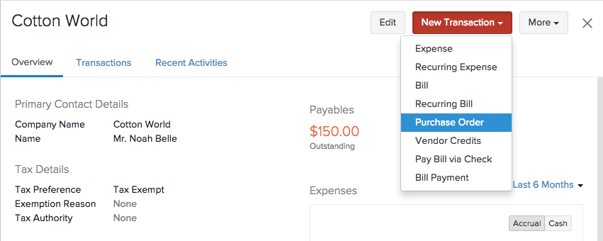 Creating purchase order in contact