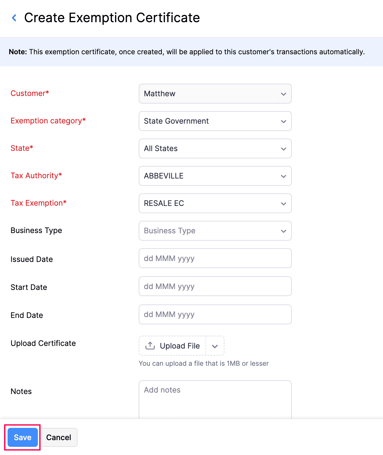 Exemption Certificate Details