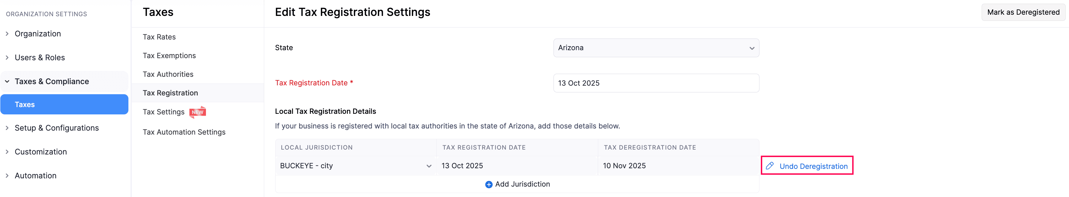 Undo Deregistration For Local Taxes