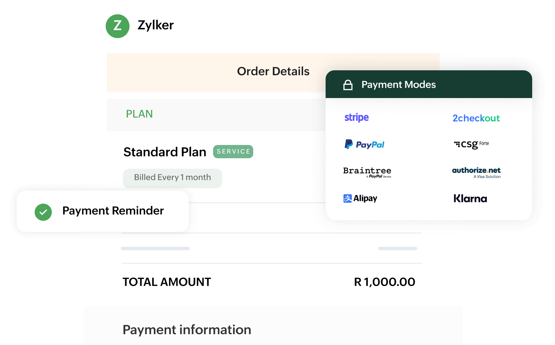 Preview of Zoho Billing's order summary and the multiple payment gateways and modes supported